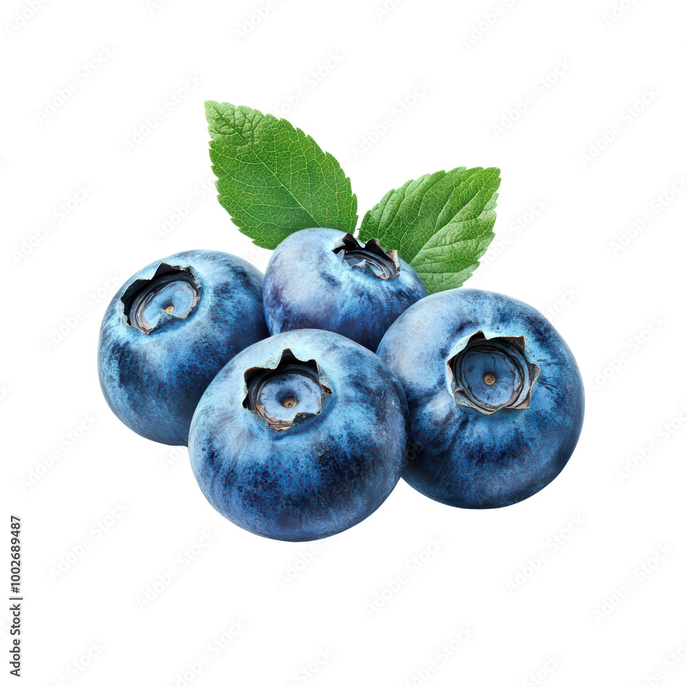 Obraz premium Fresh blueberries with green leaves on a transparent background