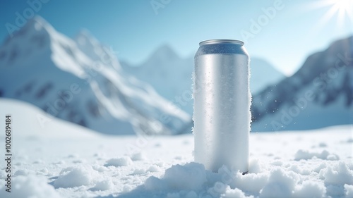 there is a frozen soda can in the snow against the background of snowy mountains