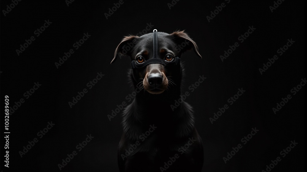 a black dog on a black background with a mask on its nose a black dog on a black background with a mask on its nose