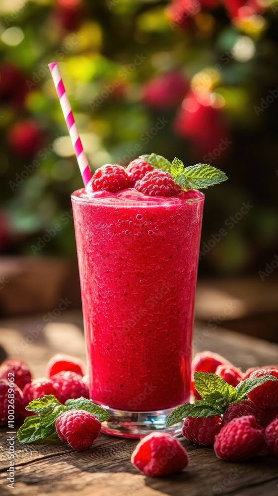 A glass of raspberry smoothie with fresh raspberries and mint on a wooden table. A glass of raspberry smoothie with fresh raspberries and mint on a wooden table.