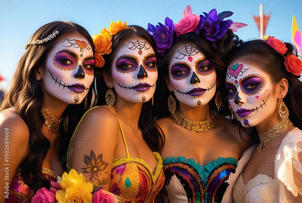 a group of beautiful women with painted sugar skull on their face for Mexico's Day of the Dead a group of beautiful women with painted sugar skull on their face for Mexico's Day of the Dead