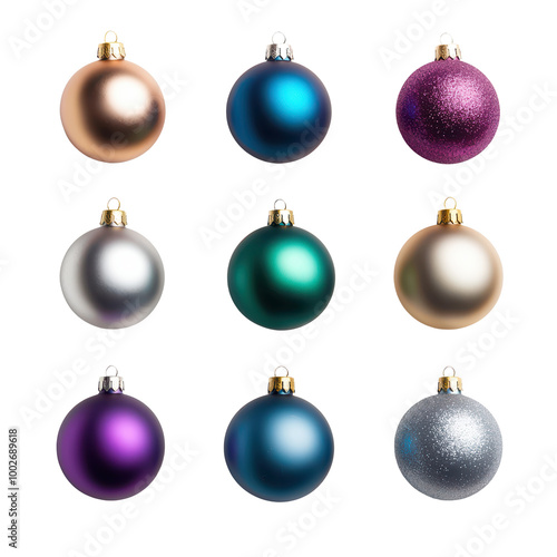 Colorful Christmas ornaments arranged in a grid pattern