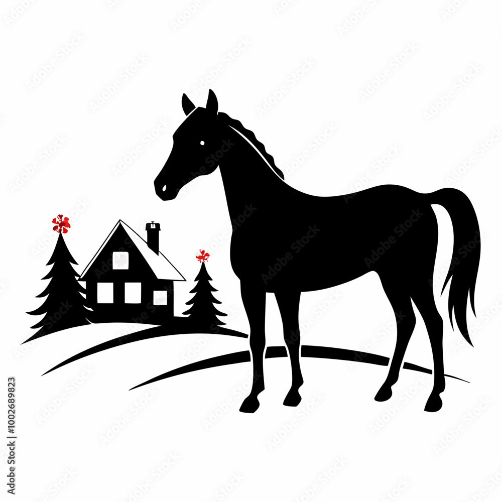 Obraz premium Christmas Cottage Farm Horse Black silhouette