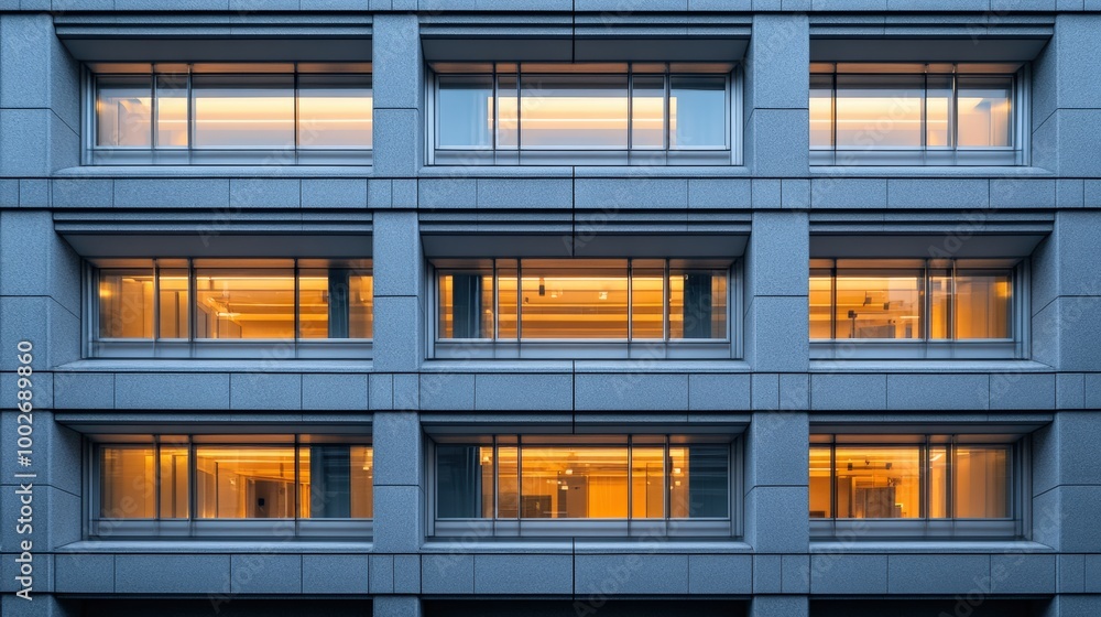 A Perspective Framing Photo of a Modern Office Building with Windows, Set Against a Smooth Gray Facade, Capturing a Sense of Urban Architecture and Modern Design A Perspective Framing Photo of a Modern Office Building with Windows, Set Against a Smooth Gray Facade, Capturing a Sense of Urban Architecture and Modern Design