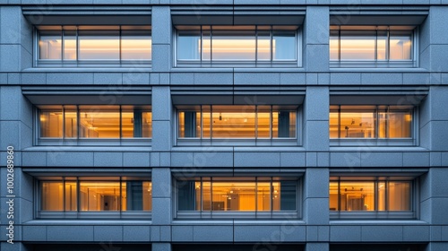 A Perspective Framing Photo of a Modern Office Building with Windows, Set Against a Smooth Gray Facade, Capturing a Sense of Urban Architecture and Modern Design