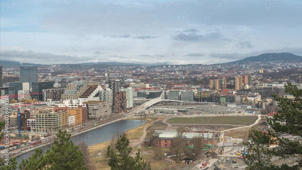 Oslo Norway time lapse high angle view city skyline at business district and Barcode Project Oslo Norway time lapse high angle view city skyline at business district and Barcode Project
