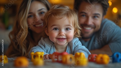 A joyful family moment with a smiling baby and playful toys.