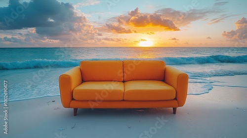 orange couch right on the beach during sunset