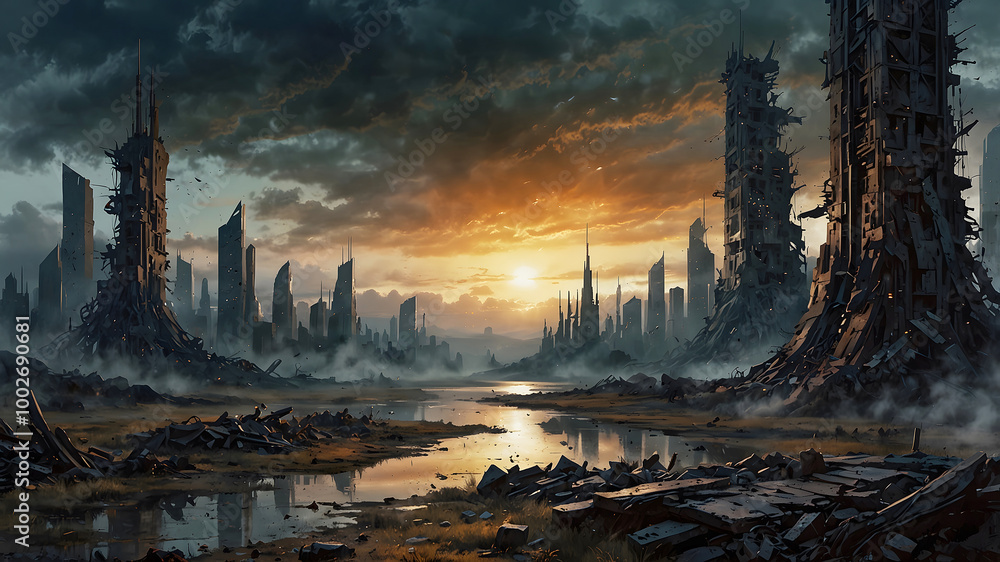 Naklejka premium Dystopian Sunset: Remnants of a Fallen Civilization