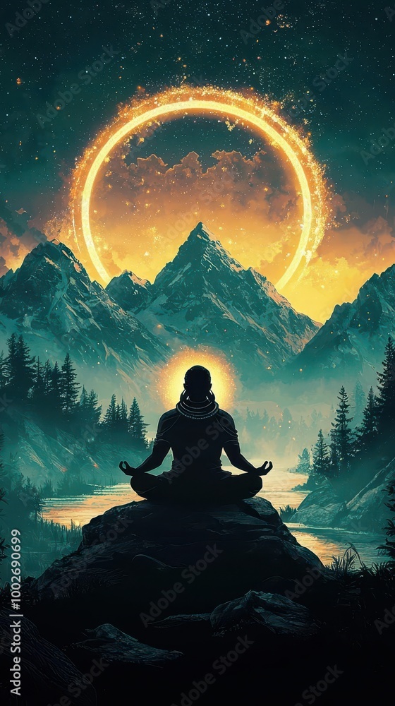 Shiva in a peaceful meditative state, surrounded by a glowing aura, with mountains and rivers flowing in the background, Shiva, meditation, natural harmony Shiva in a peaceful meditative state, surrounded by a glowing aura, with mountains and rivers flowing in the background, Shiva, meditation, natural harmony