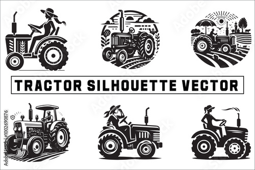 Agricultural Tractor Farmer Vector Silhouettes