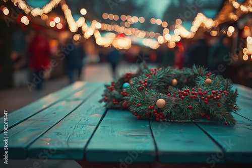 Festive market night scene blurred behind vibrant Christmas wreaths on a teal table.