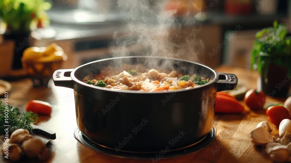 Steaming Hot Pot Filled with Vegetables and Meat on Wooden Table with Fresh Ingredients Steaming Hot Pot Filled with Vegetables and Meat on Wooden Table with Fresh Ingredients