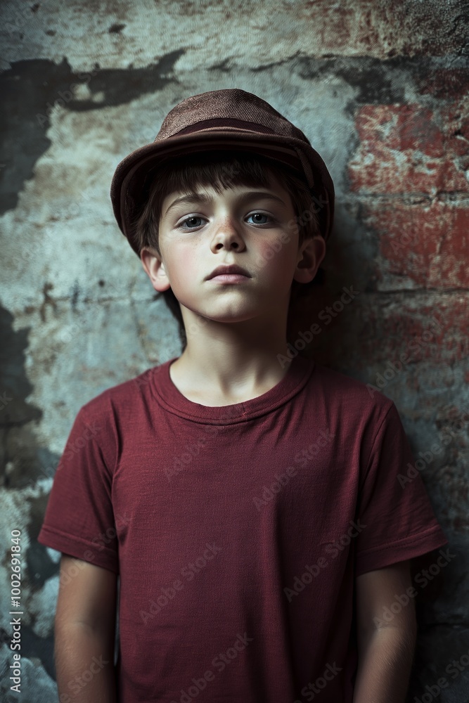 A young boy in a cap stands pensively against a textured wall, capturing a moment of reflection with a moody ambiance. A young boy in a cap stands pensively against a textured wall, capturing a moment of reflection with a moody ambiance.
