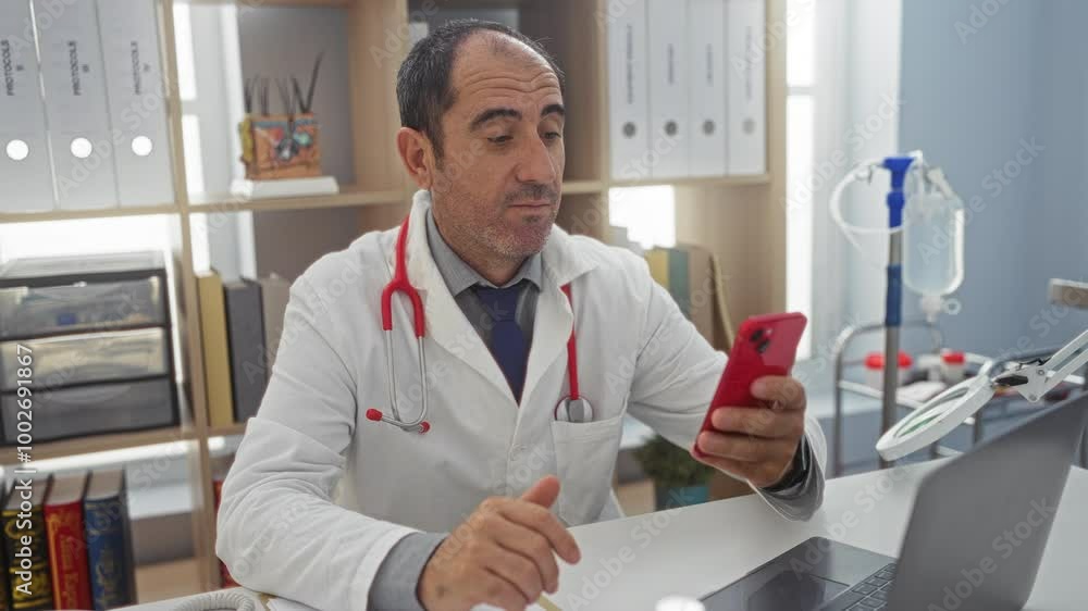 Middle-aged man, doctor, wearing white coat and red stethoscope, using smartphone and laptop, in a clinic office with shelves and medical equipment in the background. Middle-aged man, doctor, wearing white coat and red stethoscope, using smartphone and laptop, in a clinic office with shelves and medical equipment in the background.