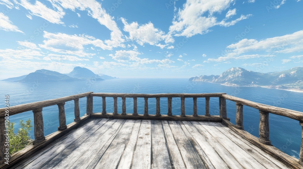 A wooden lookout offering a panoramic ocean view, with the coastline and distant hills only visible on the sides A wooden lookout offering a panoramic ocean view, with the coastline and distant hills only visible on the sides