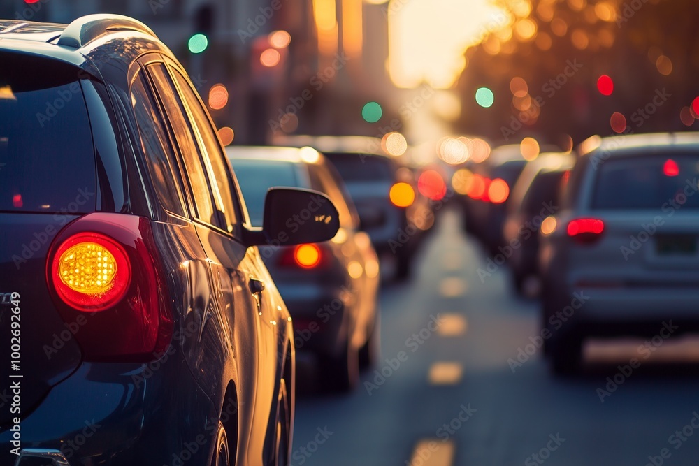 A back view of vibrant urban traffic during sunset, showcasing glowing lights from various vehicles amidst a bustling city. A back view of vibrant urban traffic during sunset, showcasing glowing lights from various vehicles amidst a bustling city.