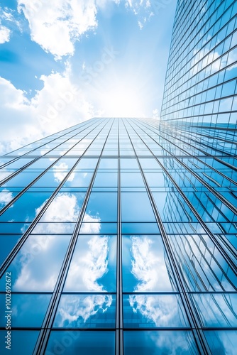 skyscraper glass view from below against blue sky with clouds Generative AI