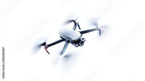 A drone hovering in mid-air, isolated on a white background. Perfect for tech, innovation, and futuristic concepts.