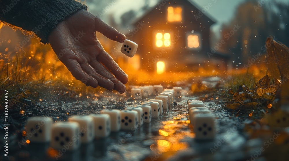 A hand tossing dice in a rainy landscape near a glowing house. A hand tossing dice in a rainy landscape near a glowing house.