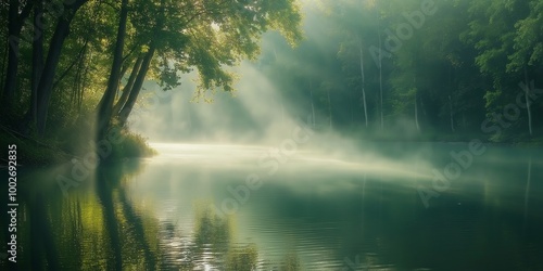 A tranquil mist-covered lake surrounded by lush green trees emits an atmosphere of peace and natural beauty.