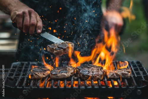 Chef grilling multiple steaks on open flame grill capturing smoke and fire in dramatic setting.