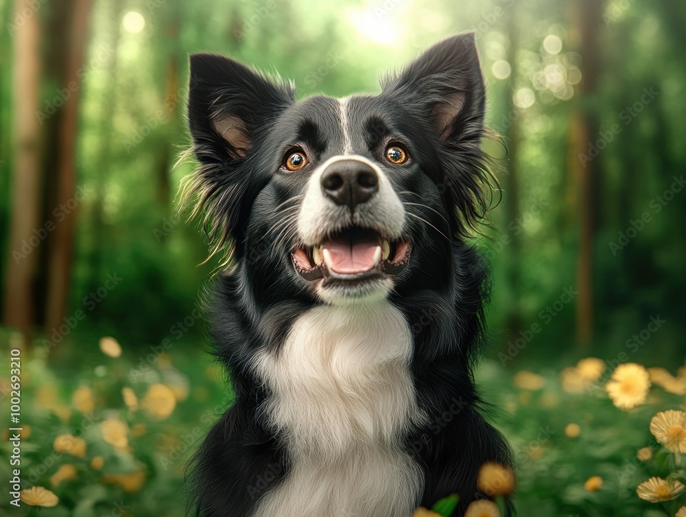 Adorable Border Collie Puppy with Soft Eyes Looking Up, Cute Dog Portrait Photography, Heartfelt Expression of Love and Loyalty, Beautiful Black and White Fur, Smiling Dog in a Forest Setting Adorable Border Collie Puppy with Soft Eyes Looking Up, Cute Dog Portrait Photography, Heartfelt Expression of Love and Loyalty, Beautiful Black and White Fur, Smiling Dog in a Forest Setting