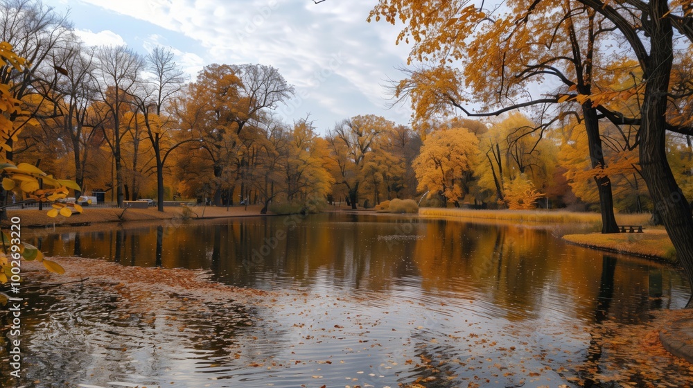 Obraz premium A park with a bench and trees with leaves on the ground