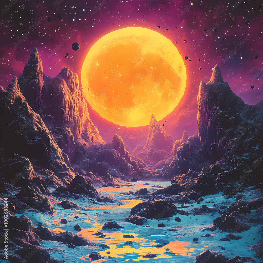 Fototapeta premium spacescape art: Asteroid Field in a Synthwave Style: A Spacescape Art Piece
