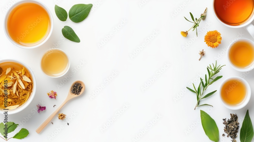 A set of organic herbal teas displayed on a white background, with dried leaves and flowers scattered around. A set of organic herbal teas displayed on a white background, with dried leaves and flowers scattered around.