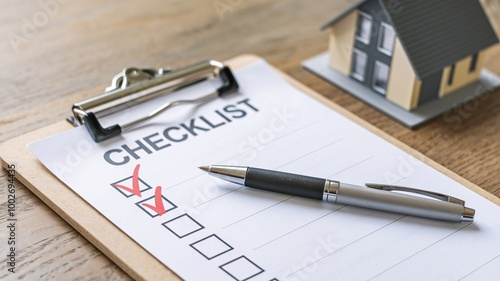 Wallpaper Mural Organized Checklist Close-Up of a Marked List on a Clipboard with Pen and Model House in Background Torontodigital.ca