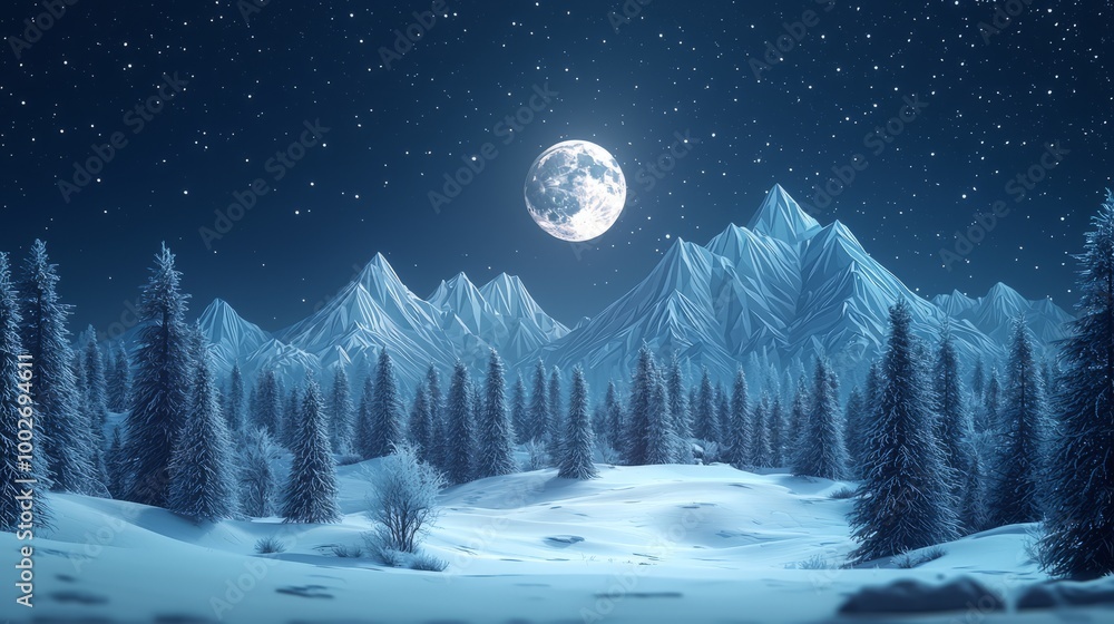 Naklejka premium Snowy winter landscape with mountains and forest under a full moon