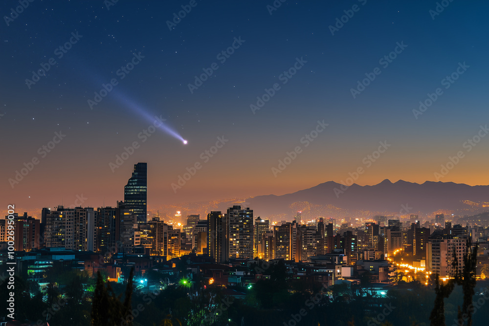 Obraz premium Comet falls in the sky over the city