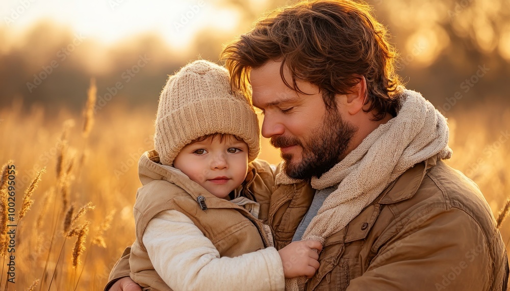 Obraz premium Father and Son Embrace in Golden Light A Tender Moment of Love and Connection Captured in a Field of Tall Grass, A Powerful Image Representing Unbreakable Bonds and the Beauty of Fatherhood
