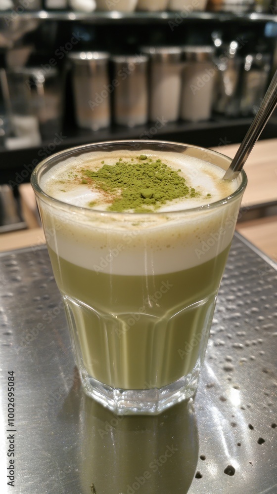 A glass of matcha latte with a layer of foam and a sprinkle of green tea powder on top, served with a metal spoon on a stainless steel tray. A glass of matcha latte with a layer of foam and a sprinkle of green tea powder on top, served with a metal spoon on a stainless steel tray.