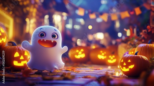 Spooky season is here! Get ready for a frightfully fun Halloween with this vibrant background featuring a playful ghost and grinning pumpkins. Customize the text to add your own spooky message photo