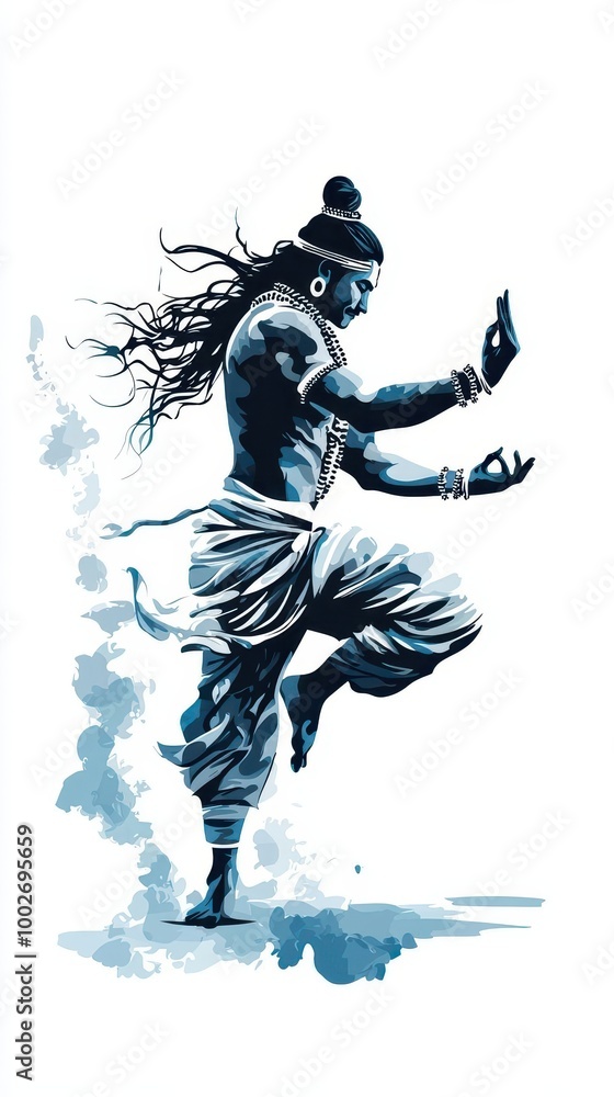 Obraz premium Shiva performing Bhujapidasana arm pressure pose, balancing his body with divine strength, symbolizing mastery over physical limitations, Shiva, yoga, strength