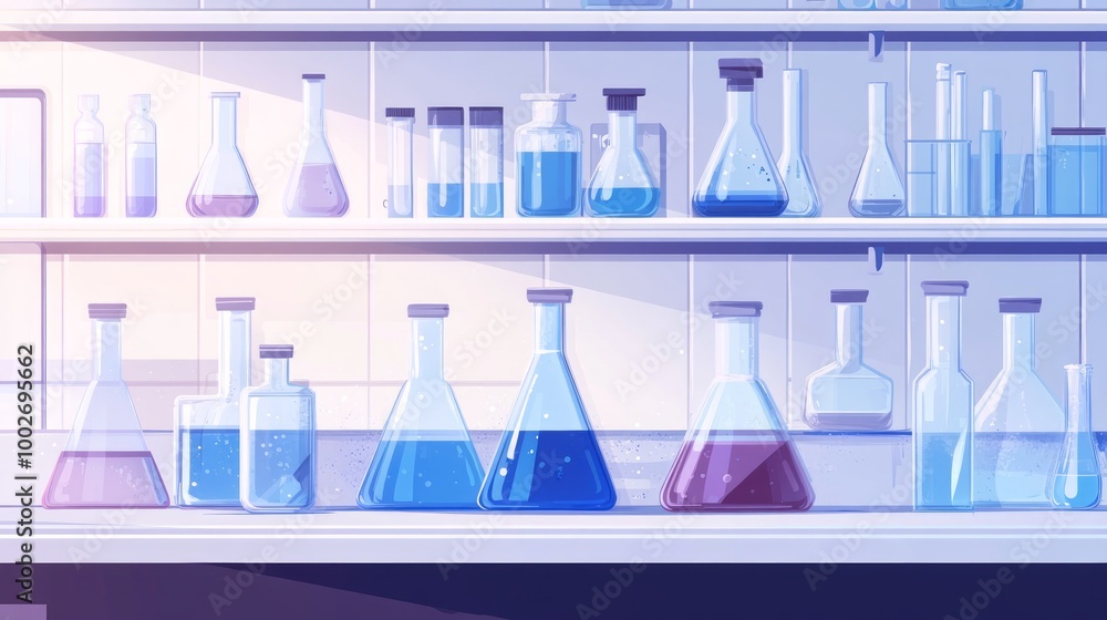 Chemical Laboratory with different glass flasks, vials, test-tubes with substance and reagents. Lab research, testing, studies in chemistry, physics, biology. Flat illustration. Background for poster Chemical Laboratory with different glass flasks, vials, test-tubes with substance and reagents. Lab research, testing, studies in chemistry, physics, biology. Flat illustration. Background for poster
