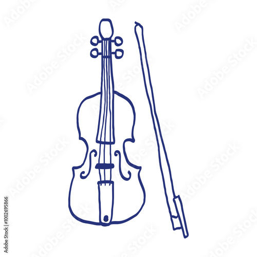 Musical instrument line sketch. Violin or viola with bow. Outline black and white vector illustration