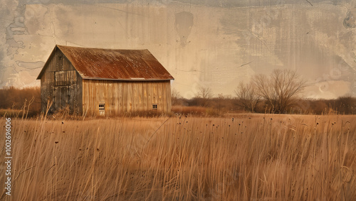 A simple barn in a field, the rustic textures enhanced by the golden light