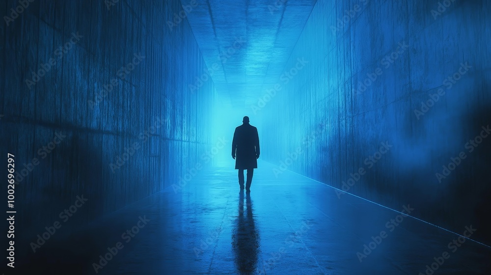 A man walks down a dark tunnel with a blue light shining on him A man walks down a dark tunnel with a blue light shining on him