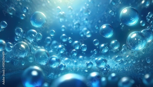 Wallpaper Mural 透明な青い水の泡が浮かぶ構図で、エーテル的な背景が軽やかさと爽やかさを感じさせ、泡の透明感を引き立てる光と反射が特徴。

 Torontodigital.ca