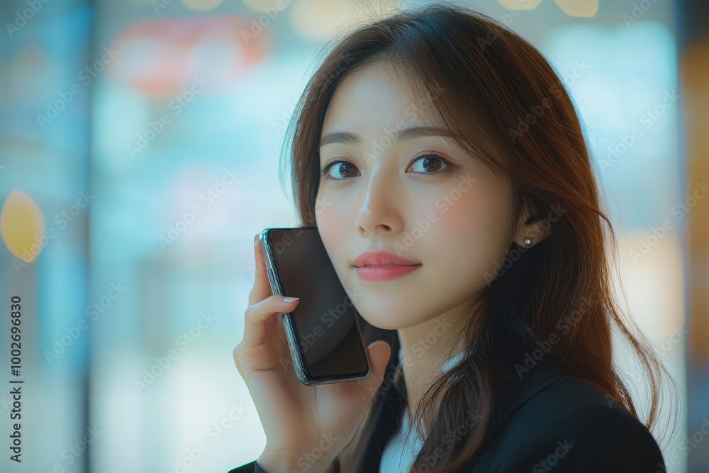 Businesswoman talking on smartphone, Generative AI Businesswoman talking on smartphone, Generative AI