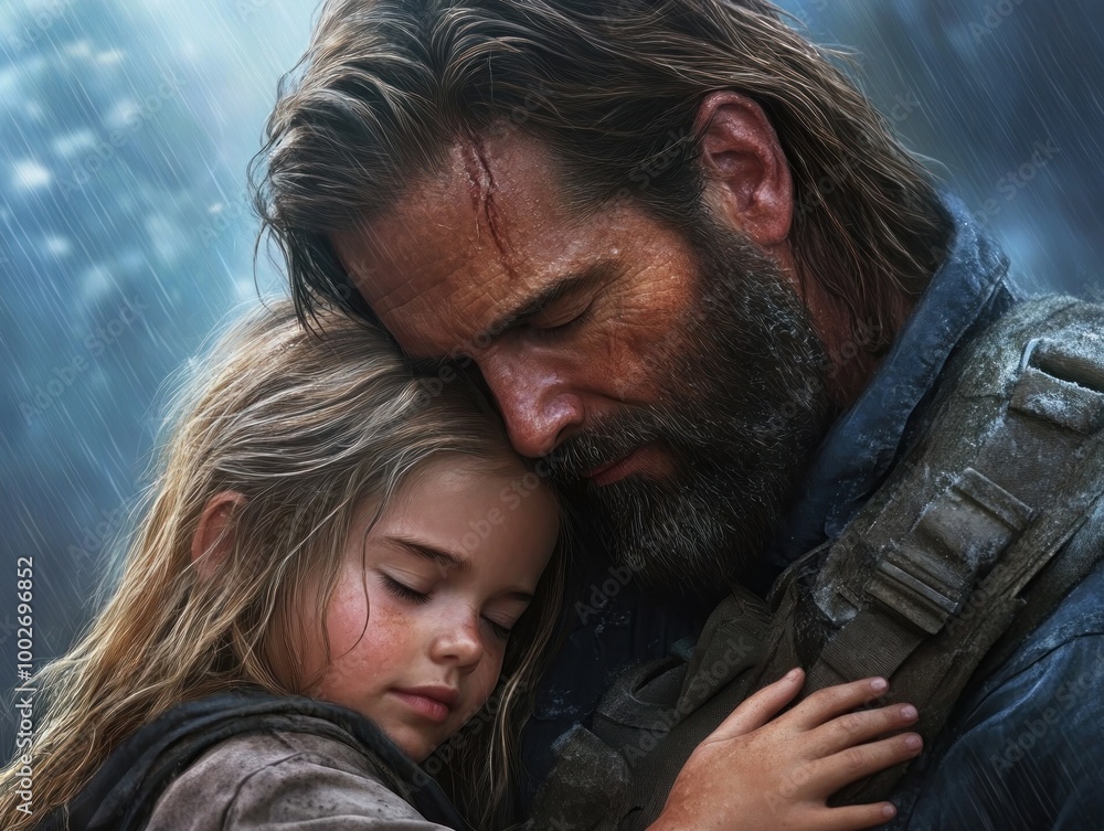Fototapeta premium Tender Embrace A Father's Love for His Daughter in the Rain This heartwarming image captures the strong bond between a father and his little girl, showcasing the powerful emotions of protection