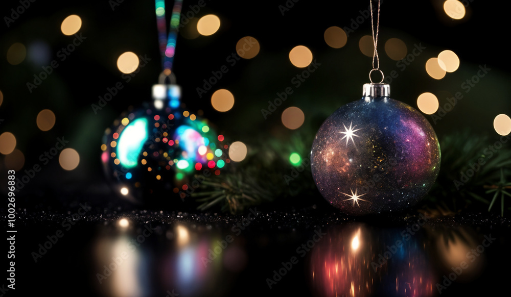 Fototapeta premium A colorful Christmas ornament on a black background with bokeh sparkles.