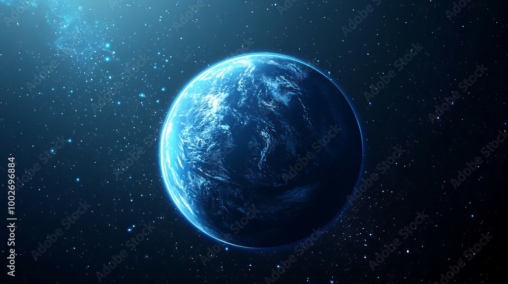 Obraz premium Vector illustration of a realistic planet with liquid surface texture, rendered in spatial horizontal style. Depiction of the planet as seen from a satellite in outer space