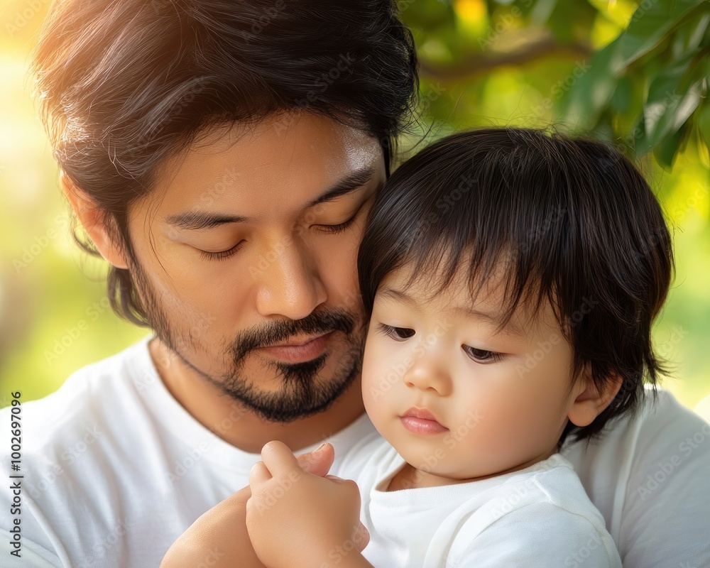 Tender Fatherly Love Dad Hugs Child Tightly in Peaceful Park, Radiating Warmth and Protection, A Heartwarming Moment of Unconditional Love and Affection Tender Fatherly Love Dad Hugs Child Tightly in Peaceful Park, Radiating Warmth and Protection, A Heartwarming Moment of Unconditional Love and Affection