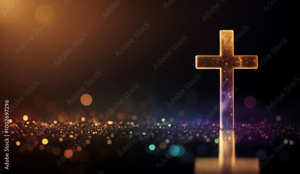 Warm tones holographic glowing Christian cross with copy space. Warm tones holographic glowing Christian cross with copy space.
