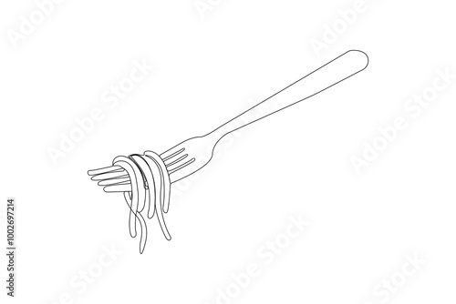 Eating noodles with fork continuous line art. Fork with noodles outline vector illustration.