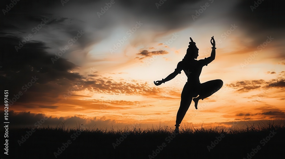Shiva performing Natarajasana lord of the dance pose, balancing on one leg, symbolizing the dance of cosmic creation and destruction, Shiva, yoga, cosmic dance Shiva performing Natarajasana lord of the dance pose, balancing on one leg, symbolizing the dance of cosmic creation and destruction, Shiva, yoga, cosmic dance